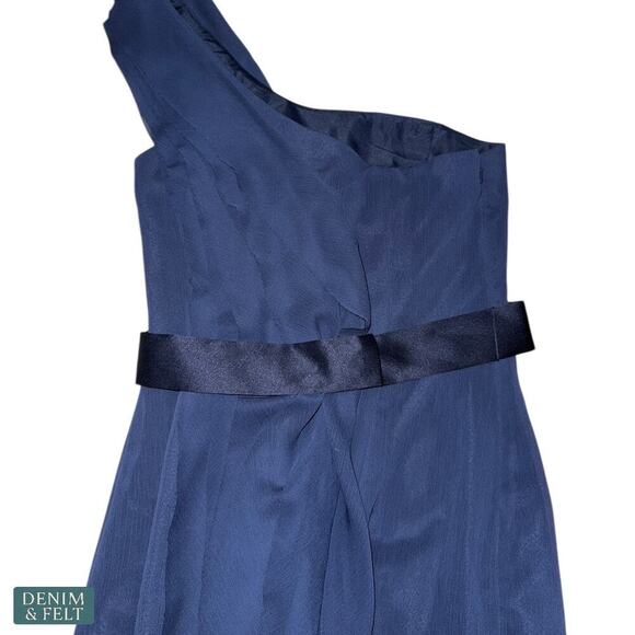 Vera Wang White Navy One Shoulder Ruffle Slit Formal Evening Gown Wedding Dress - Picture 9 of 13